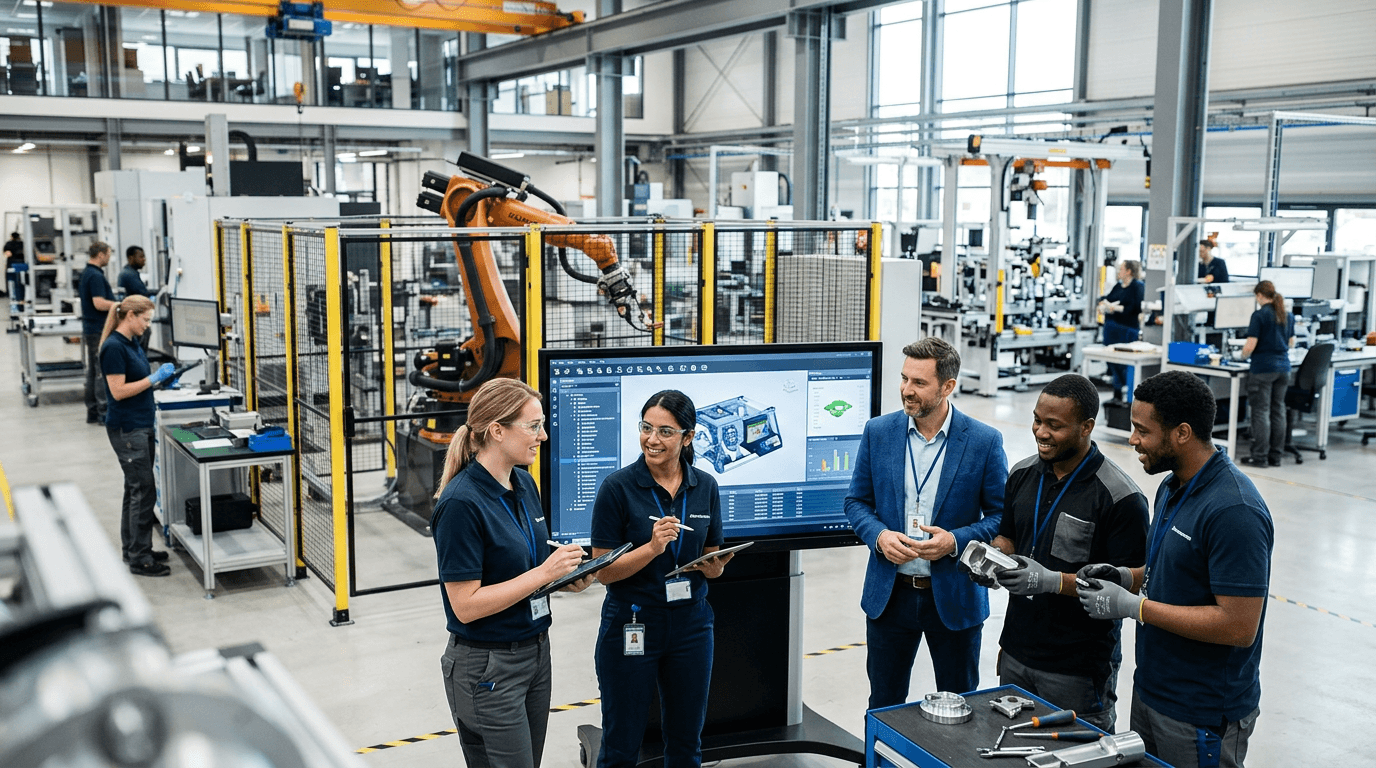 Team members collaborating in a modern manufacturing and engineering environment