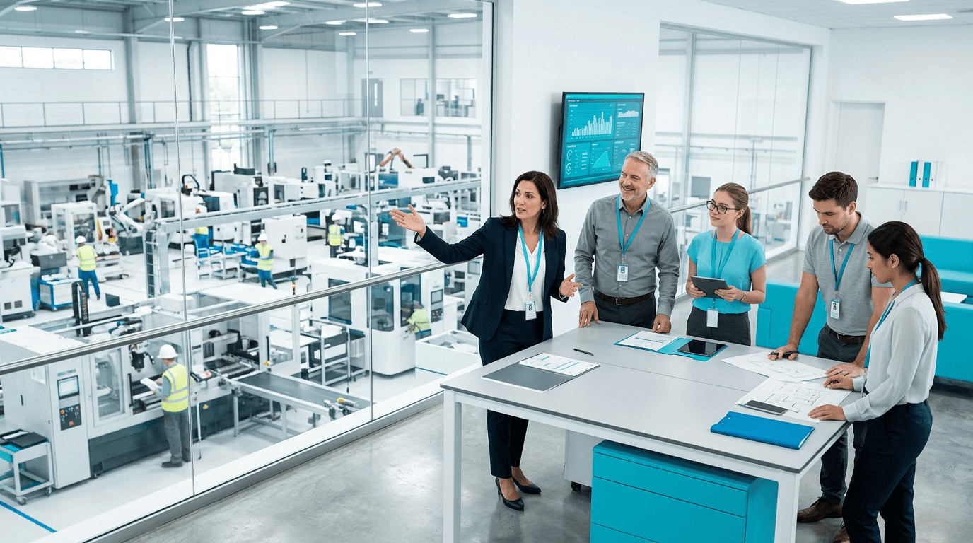Professional manufacturing team meeting in a modern facility overlooking production operations