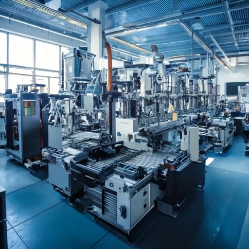 Injection molding machines in a factory for high-volume production