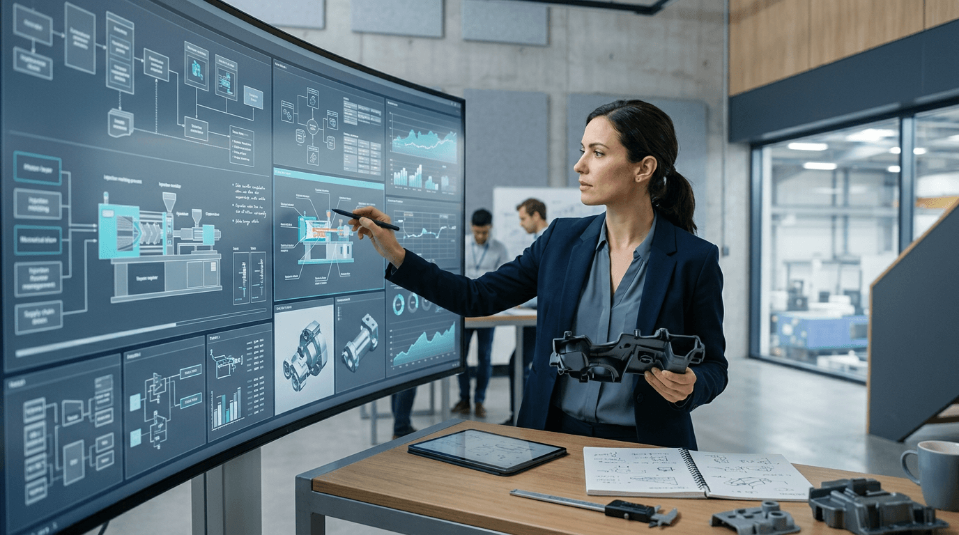 Engineering professional reviewing manufacturing workflows and technical article content on a large screen
