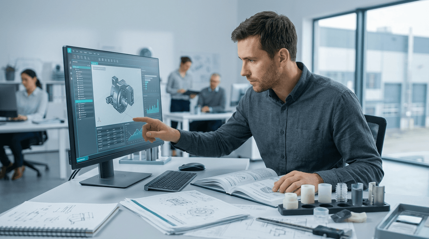 Engineer reviewing technical manufacturing guides and digital part data at a workstation