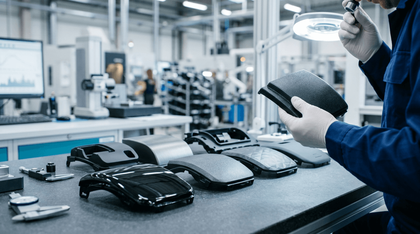 Appearance-sensitive molded components with different finishes and color treatments under inspection