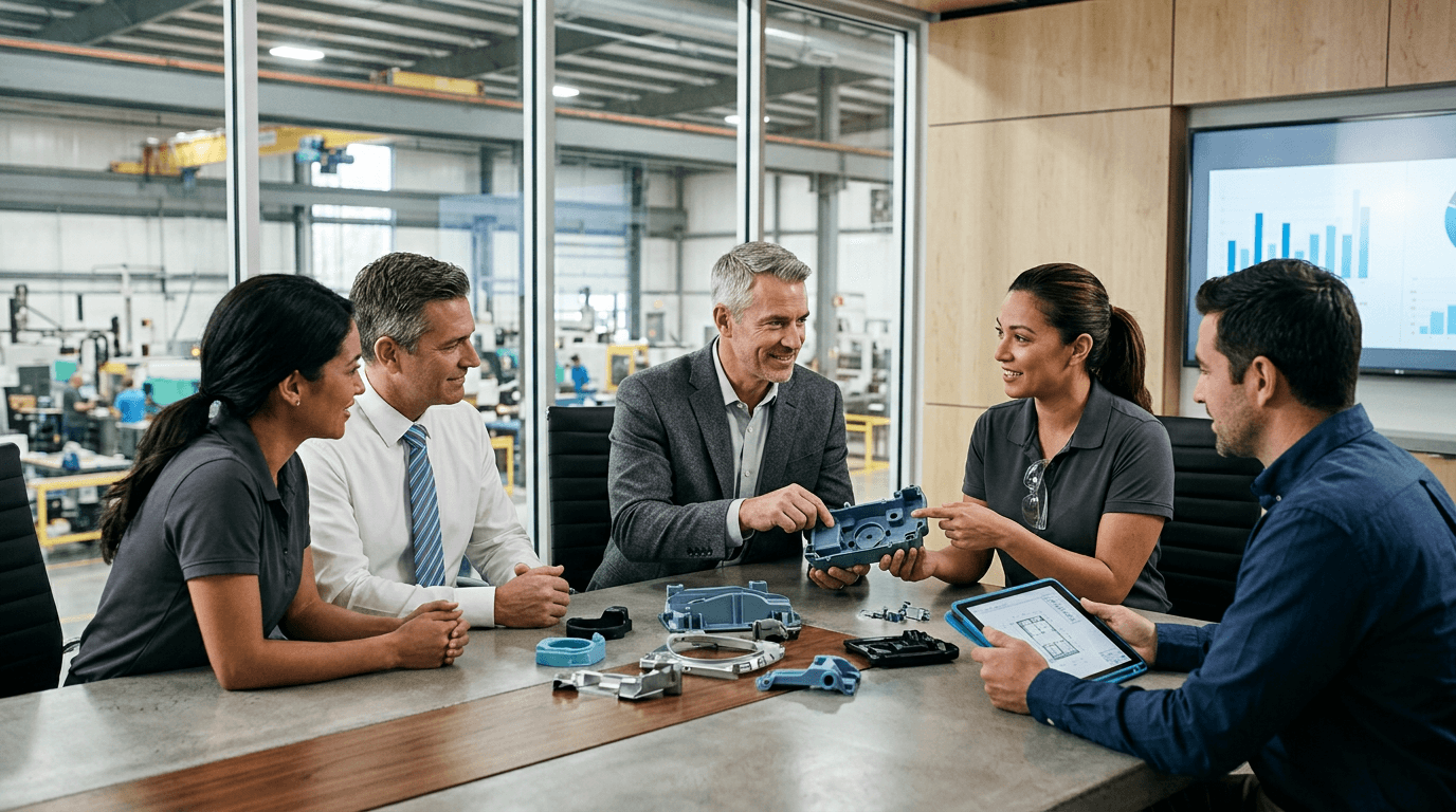 Customer and manufacturing team reviewing delivered components in a professional meeting room