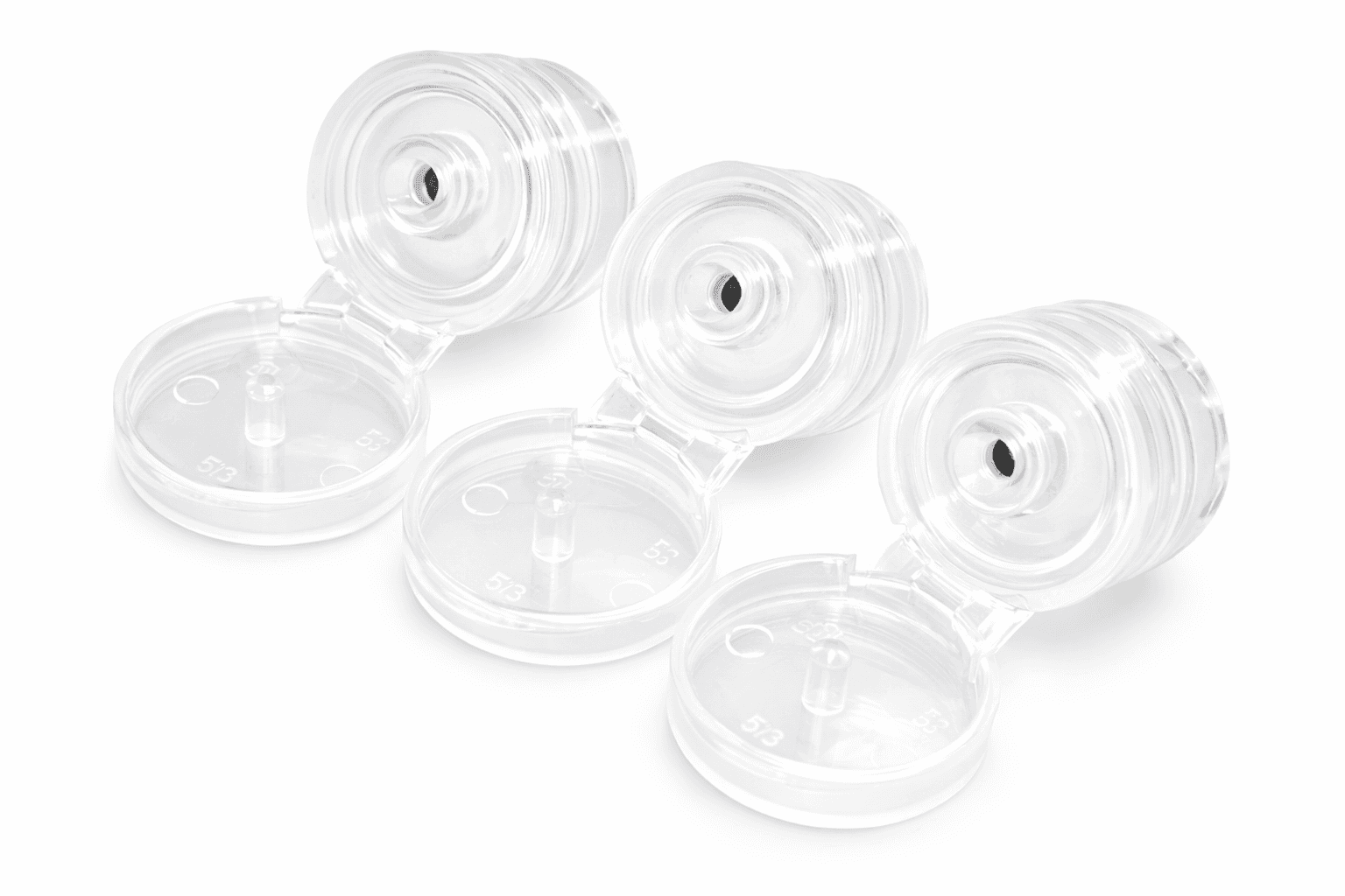 Clear flip top dispensing caps, open, with hinged lids and a small center orifice
