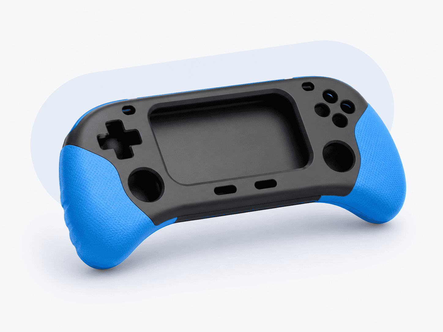 Two color handheld controller shell with blue soft grips on a black rigid body