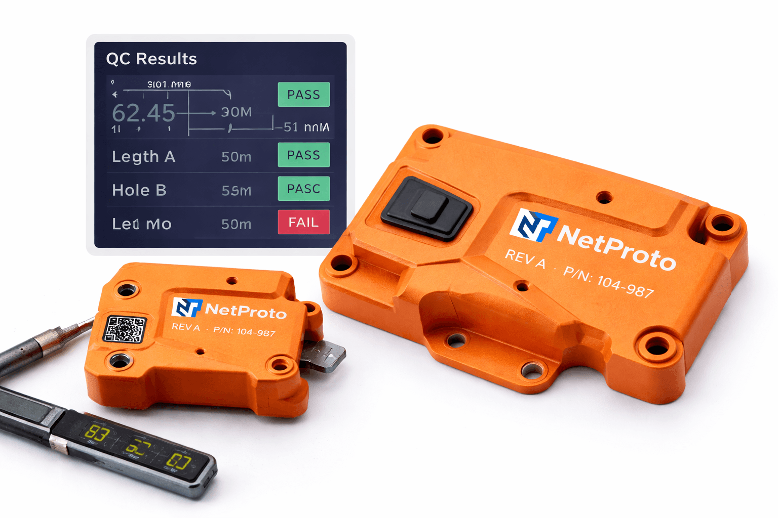 Orange molded housings beside a digital caliper and an inspection results screen