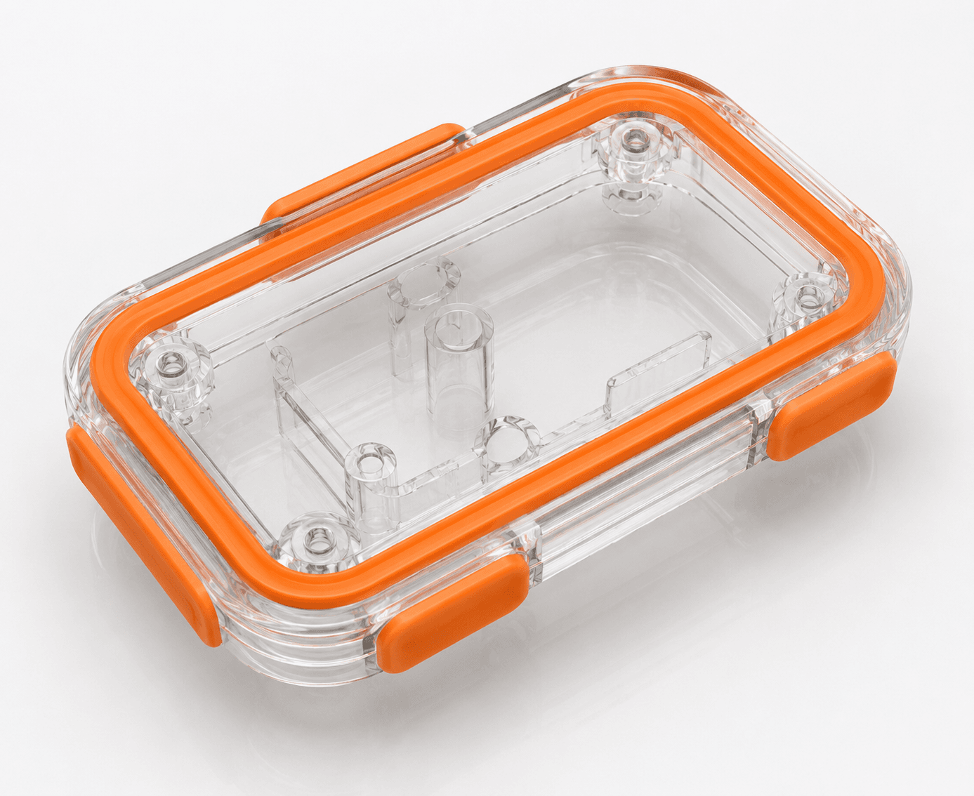 Clear molded case with an orange seal and latch tabs