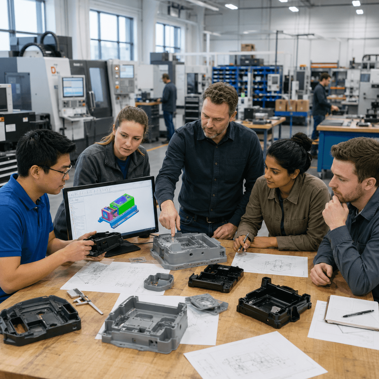 NetProto team reviewing molded parts, CAD models, and production planning details