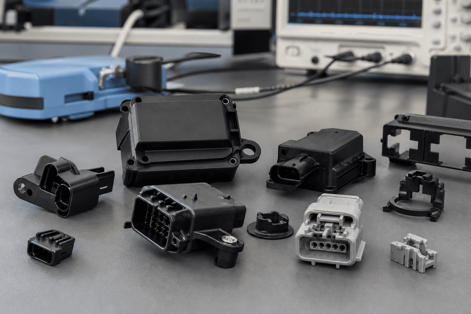 Molded connector and sensor housings with wire routing features