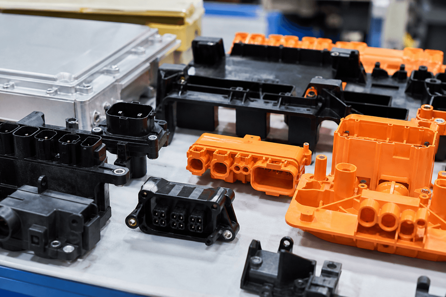 Black and orange EV connectors and molded housings beside an aluminum box
