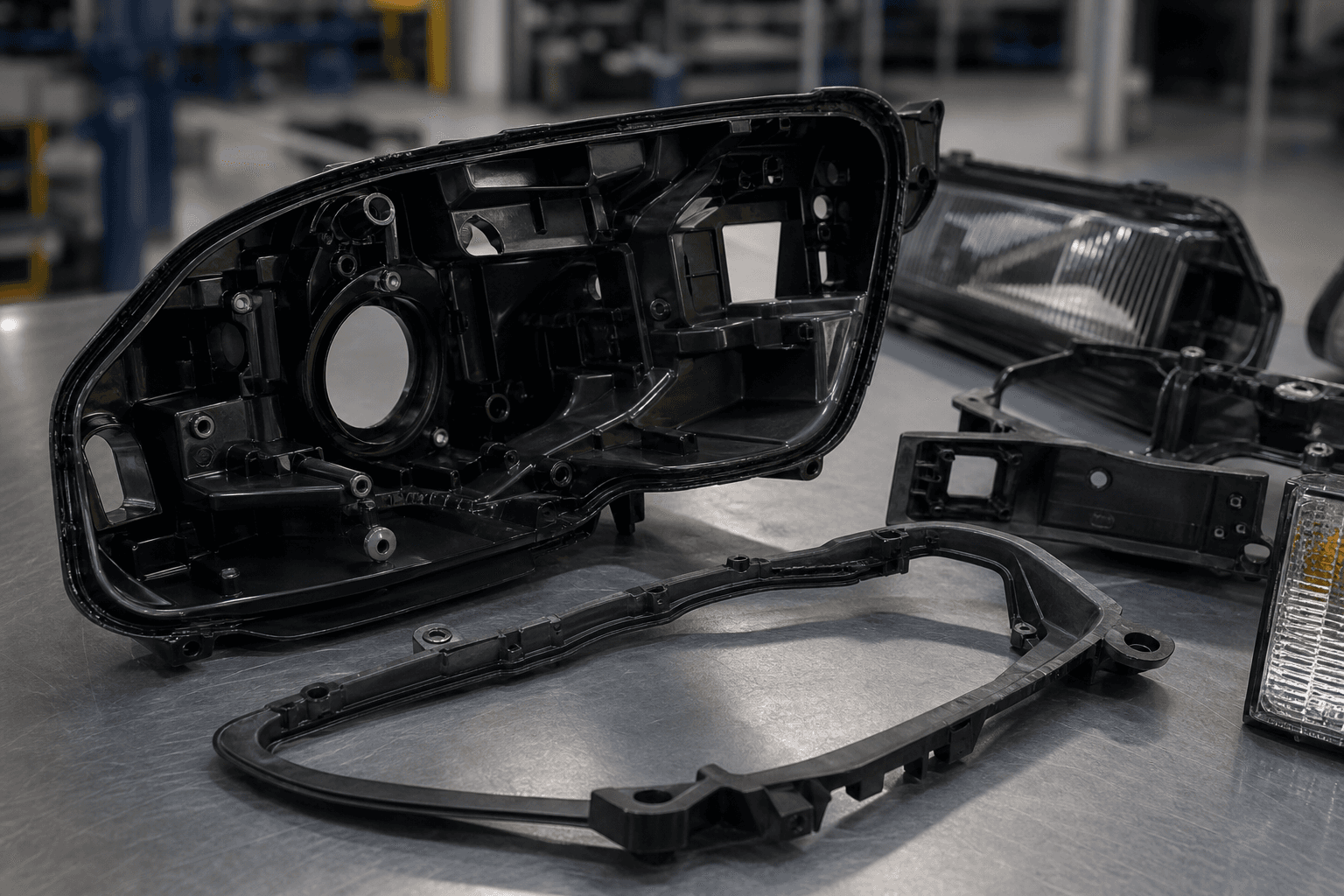 Black molded headlamp housings and mounting frames on a steel bench, with a clear lamp lens in the background