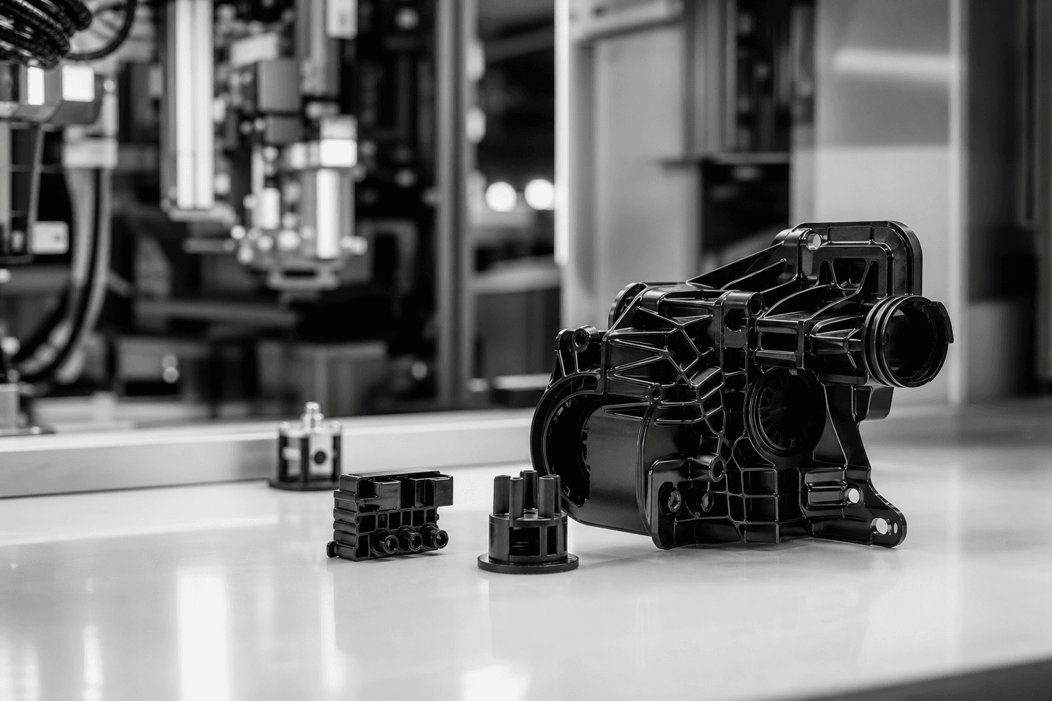 Black and white automotive molded components on inspection table