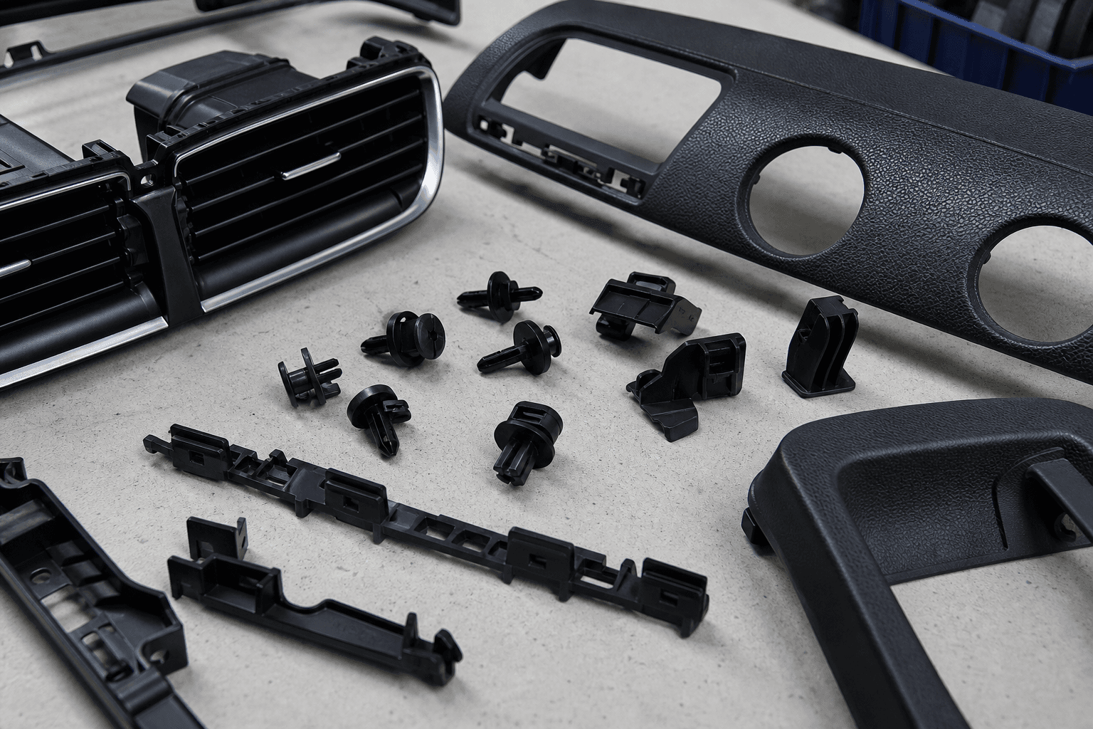 Black molded automotive interior parts on a bench, including air vent housings with a bright trim ring, a grained dash trim panel with round openings, push-in clips, and clip carrier strips