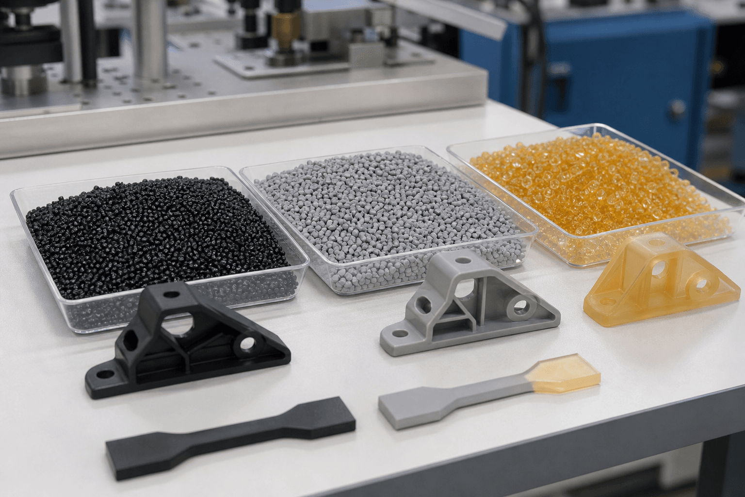 Trays of black, gray, and amber resin pellets beside molded test brackets