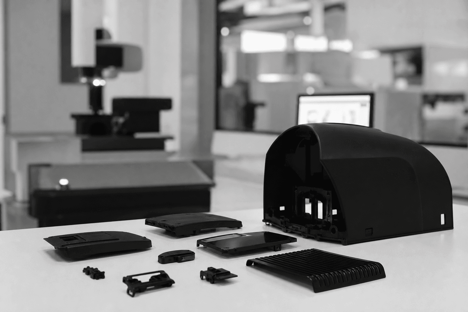 Black and white finished consumer product housings on inspection table