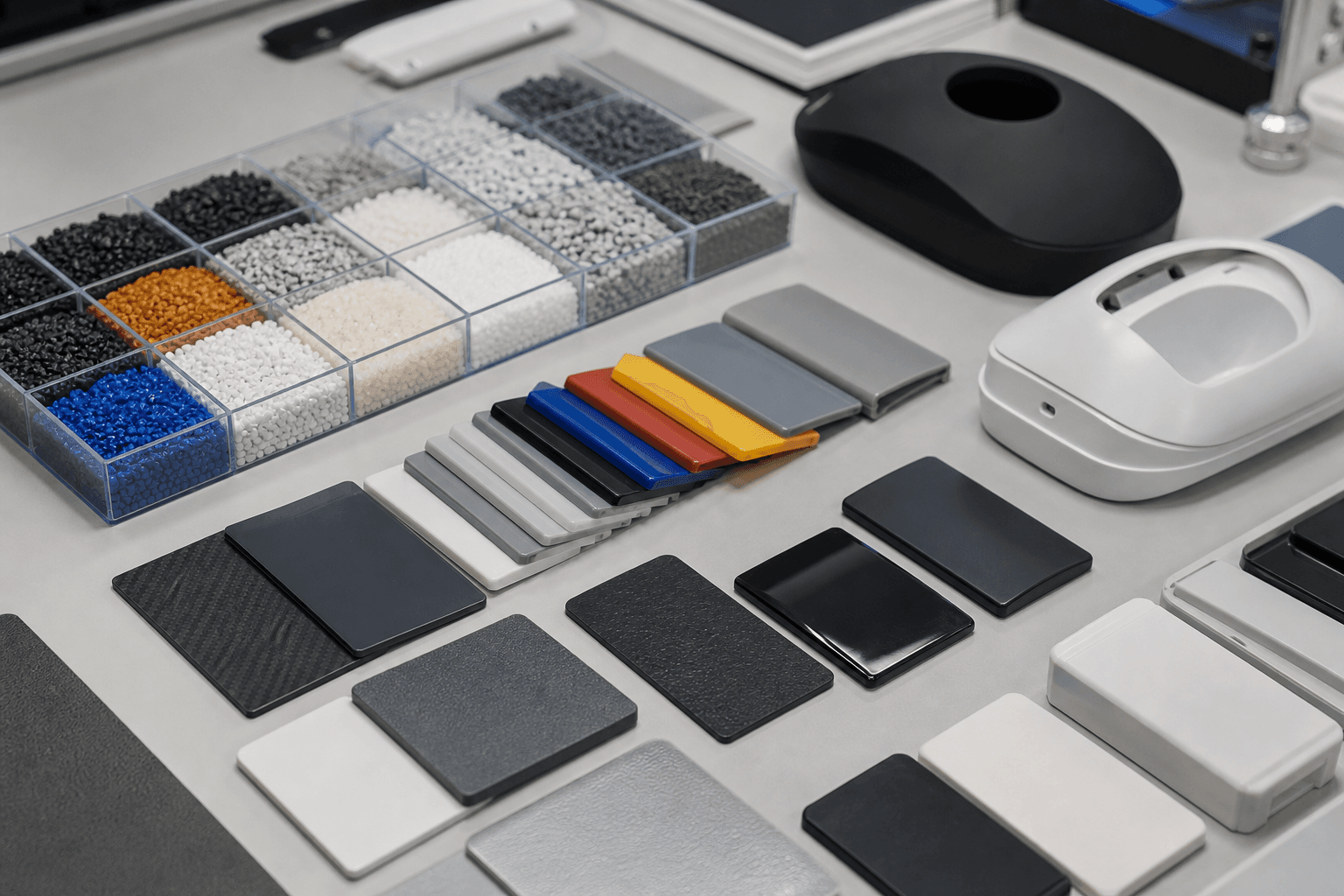 Resin pellets in divided trays beside molded color, texture, and gloss sample plaques, a black mouse shell, and a white housing