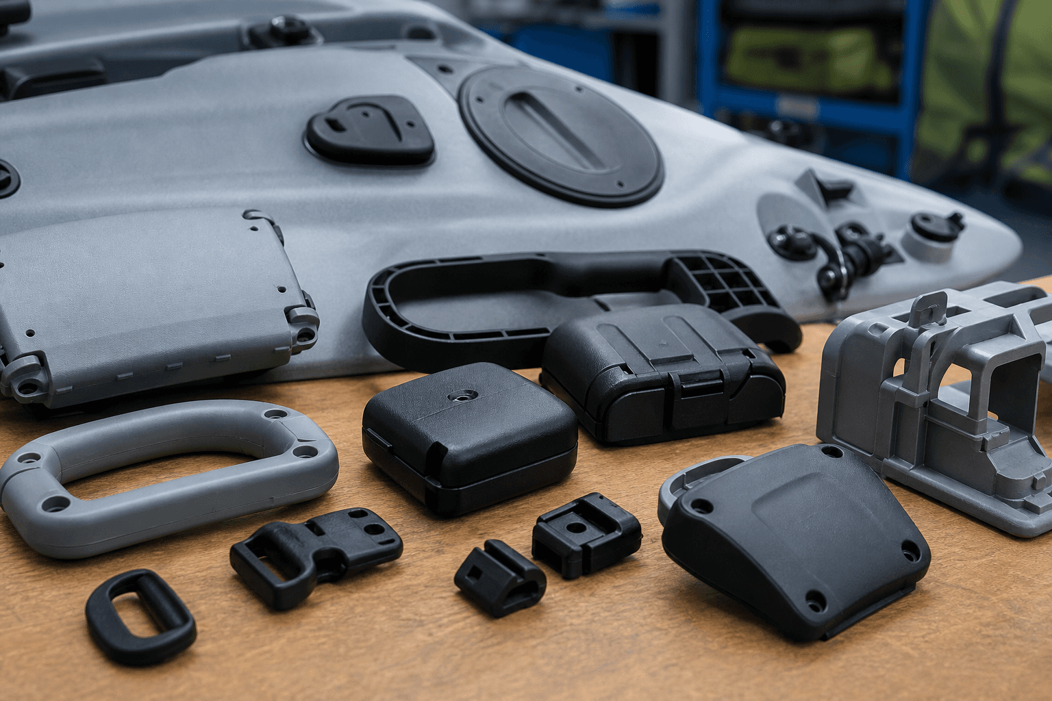 Gray and black molded outdoor gear parts, including buckles, D rings, latching boxes, a handle, and a kayak deck with hatch covers, on a wood table
