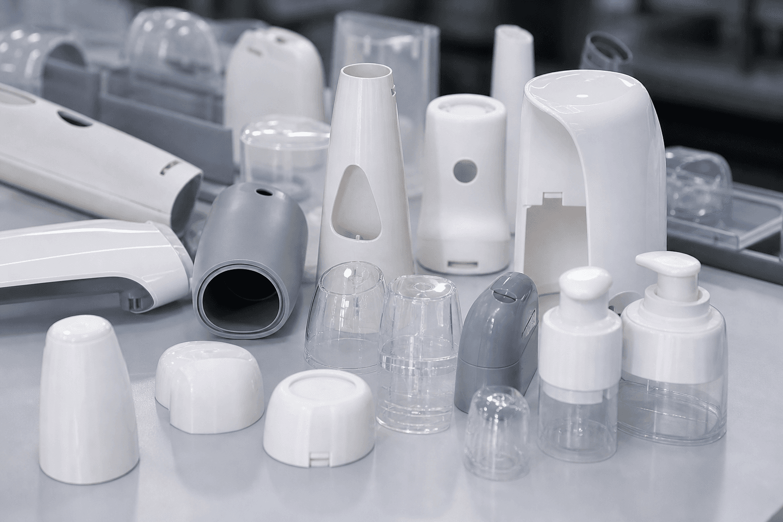 White, gray, and clear molded personal care parts, including tall housings, round caps, clear cups, and pump heads on a gray table