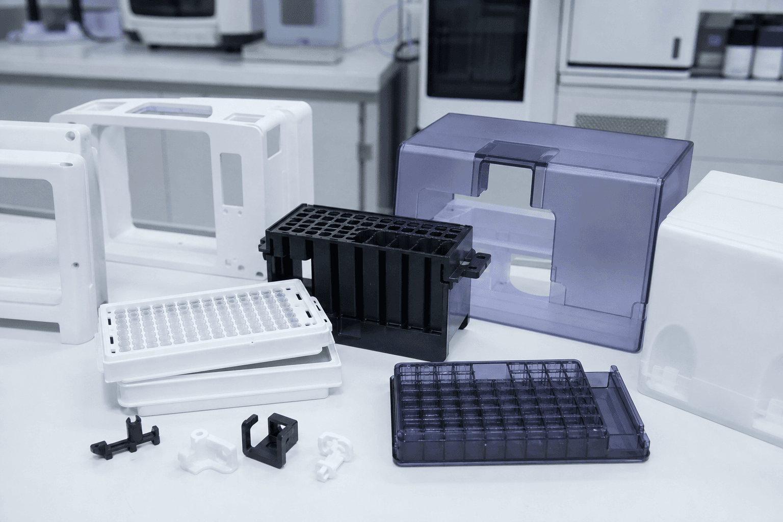 White molded instrument frames, a black tube rack, a white well plate, a purple tinted cover and tray, and small clips on a lab bench