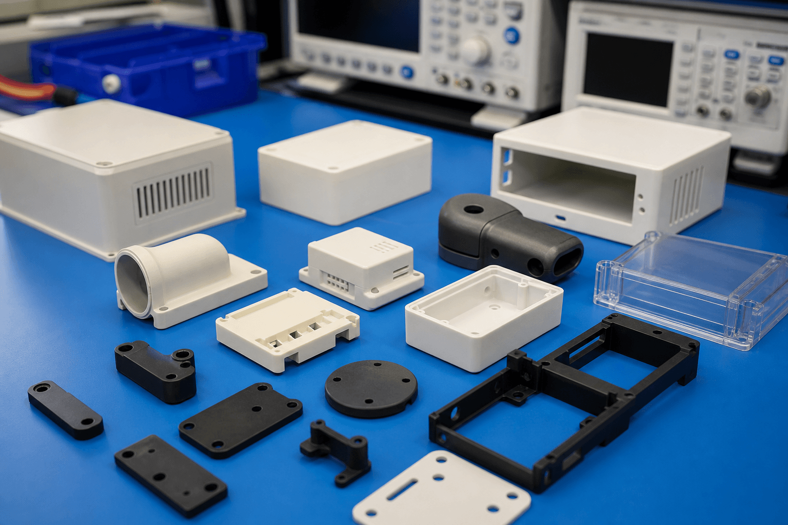 Molded instrument enclosures and mounting plates in front of bench test equipment with push-button front panels