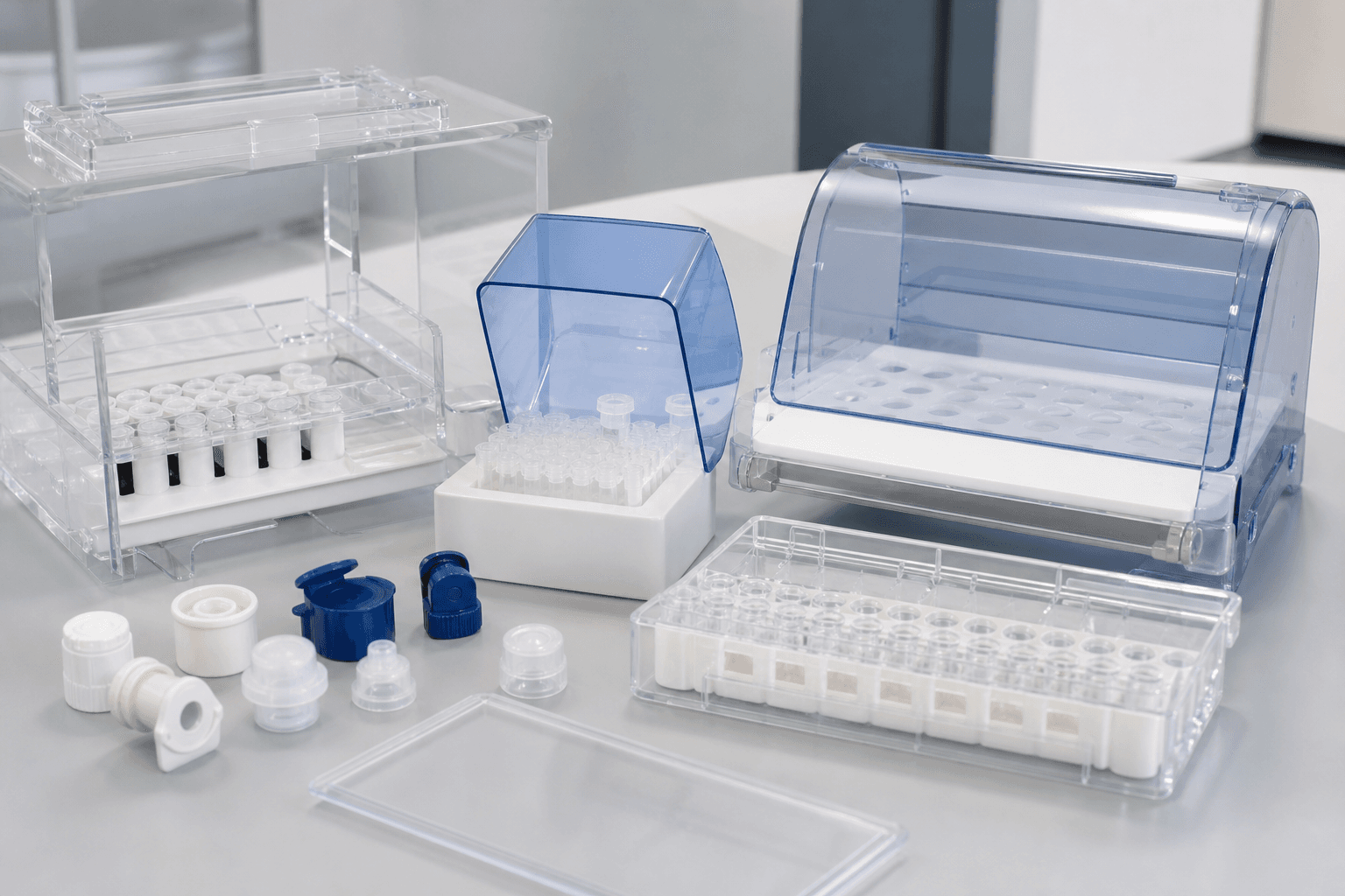 Clear and blue molded covers, sample racks with small vials, blue flip caps, and white and clear fittings on a lab bench