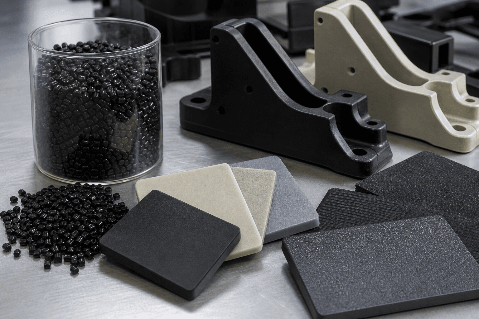 Black resin pellets in a glass jar, black, beige, and gray sample plaques, and black and beige molded support brackets on a steel table
