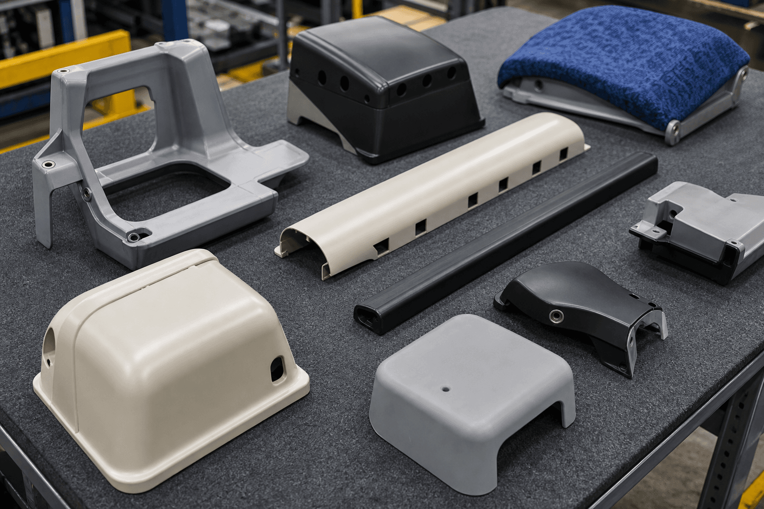 Gray and cream molded equipment covers, a slotted curved duct cover, a black trim rail, a blue seat pad, and a gray step stool on a bench