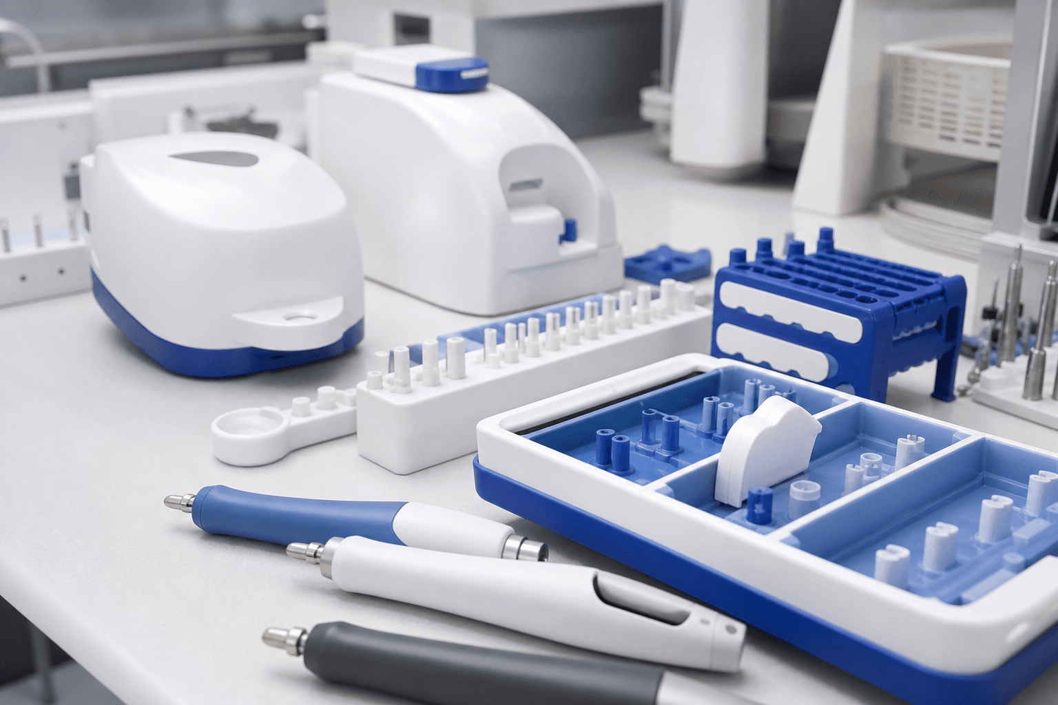 Blue, white, and gray molded instrument handles with metal tips, a white and blue instrument tray, and white device housings