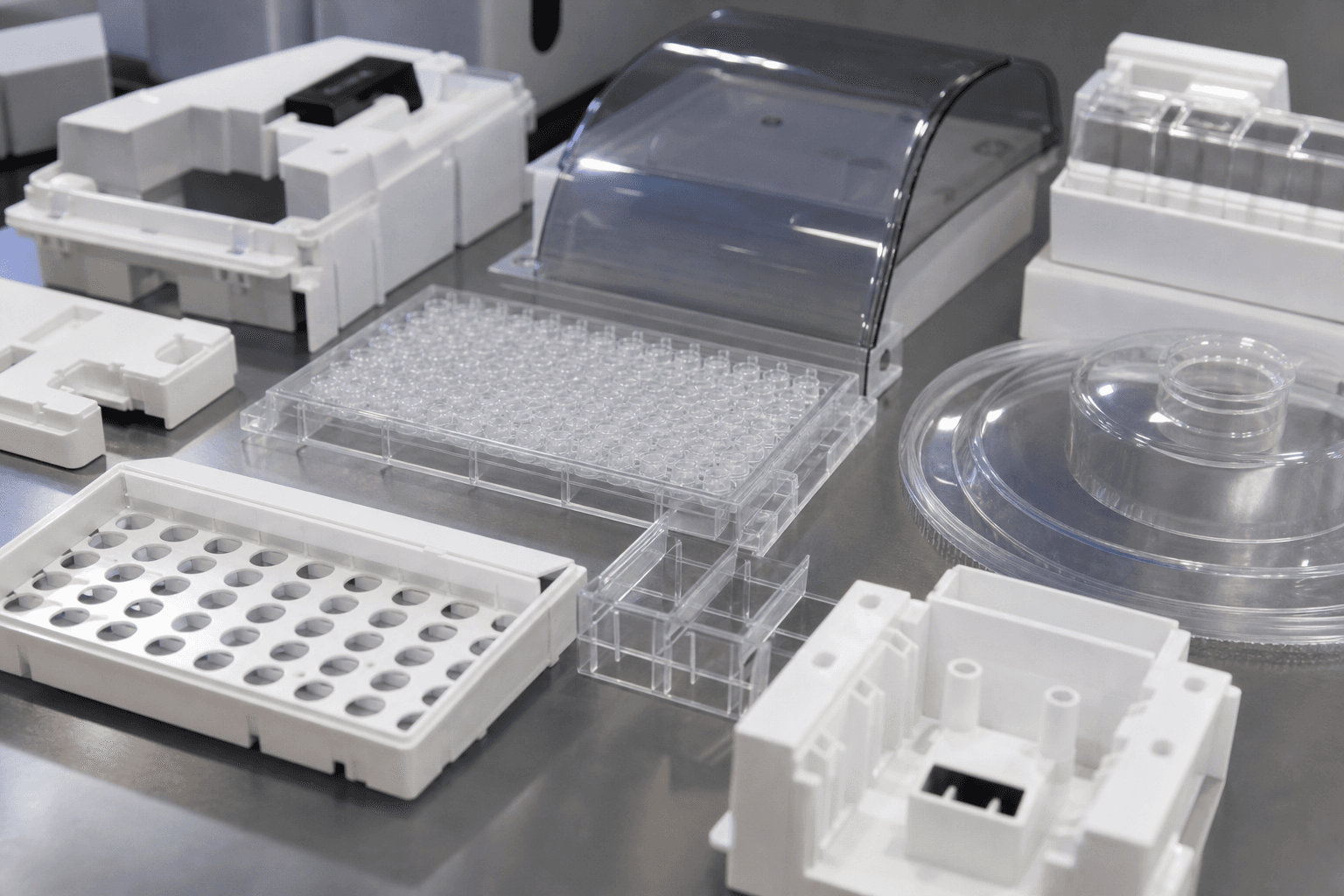 White and clear molded lab parts, including a clear well plate, a white rack with round holes, a clear hinged cover, and instrument housings