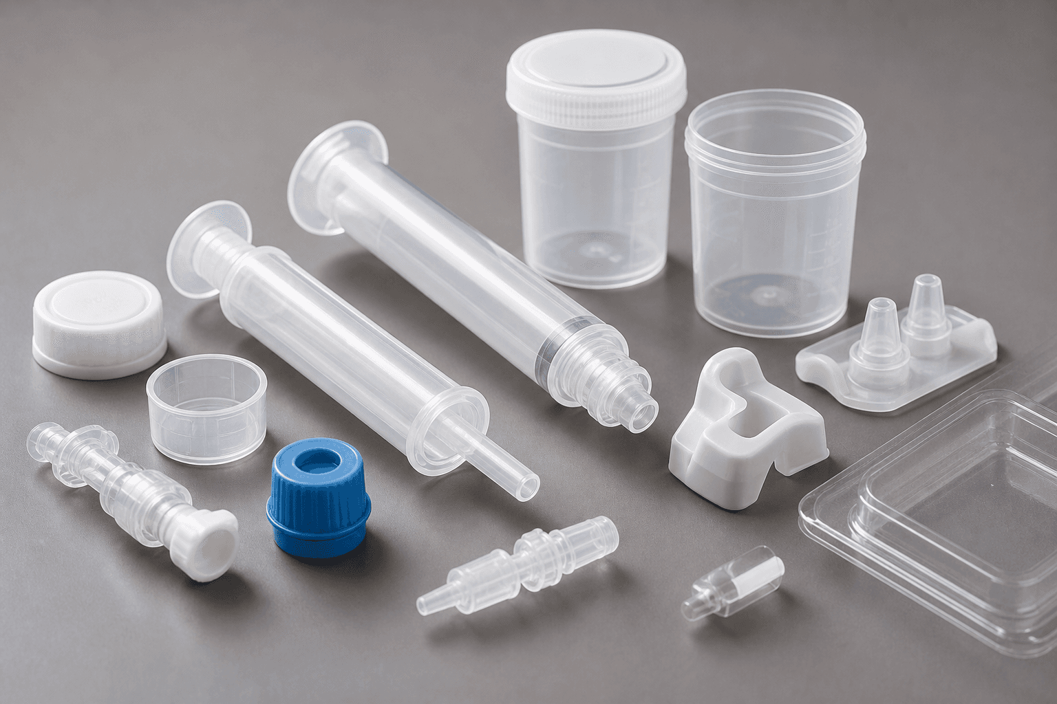 Clear molded syringes, specimen cups with white lids, luer connectors, a blue cap, and small clear fittings on a gray surface