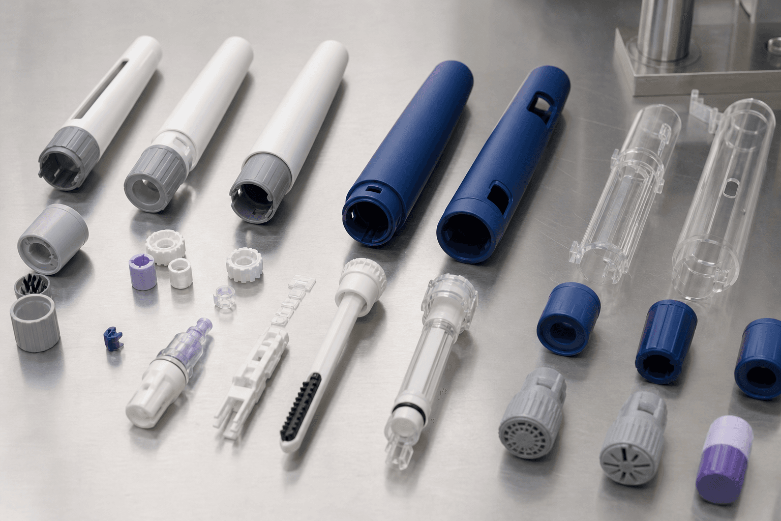 White, blue, and gray molded pen bodies, clear barrels, caps, small gears, and plunger parts laid out on a steel table