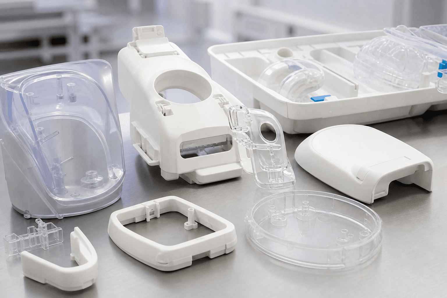 White and clear molded device housings, a clear cover, a white frame, and a white tray with clear inserts on a steel bench