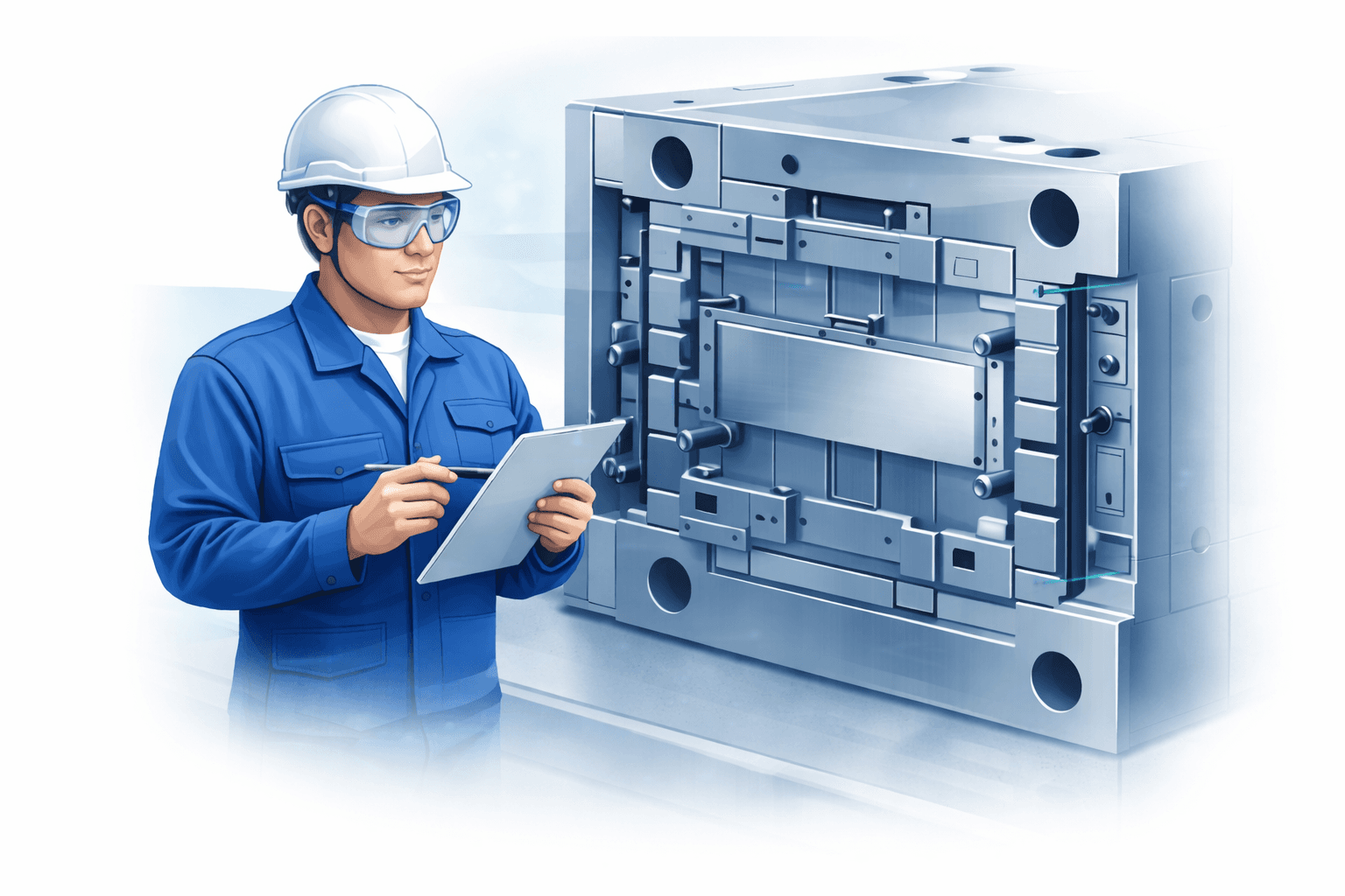 Engineer in a hard hat and safety glasses reviewing an injection mold with a tablet