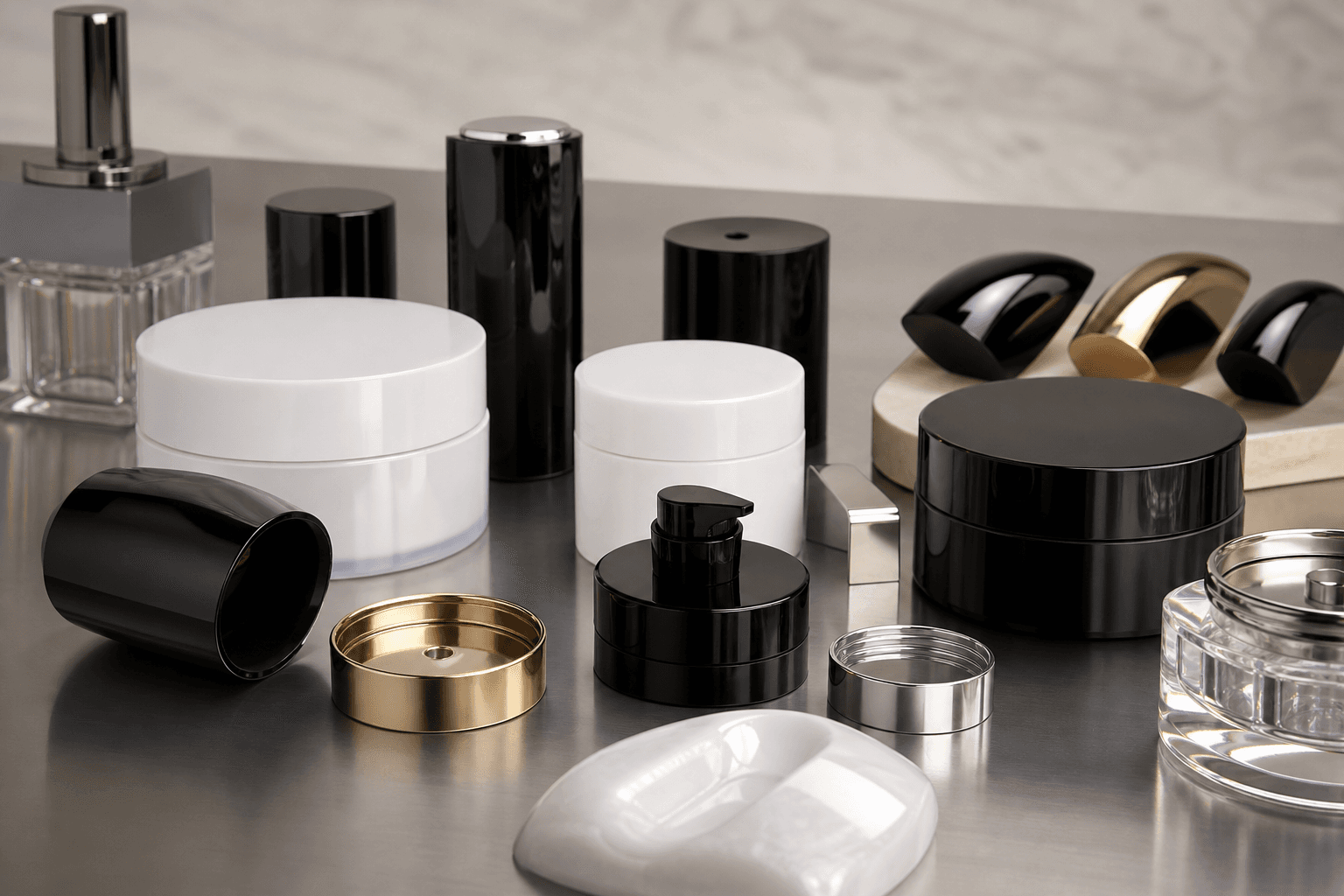 Black, white, and metallic finish jars, caps, and cosmetic closures on a steel surface, with a clear glass bottle behind