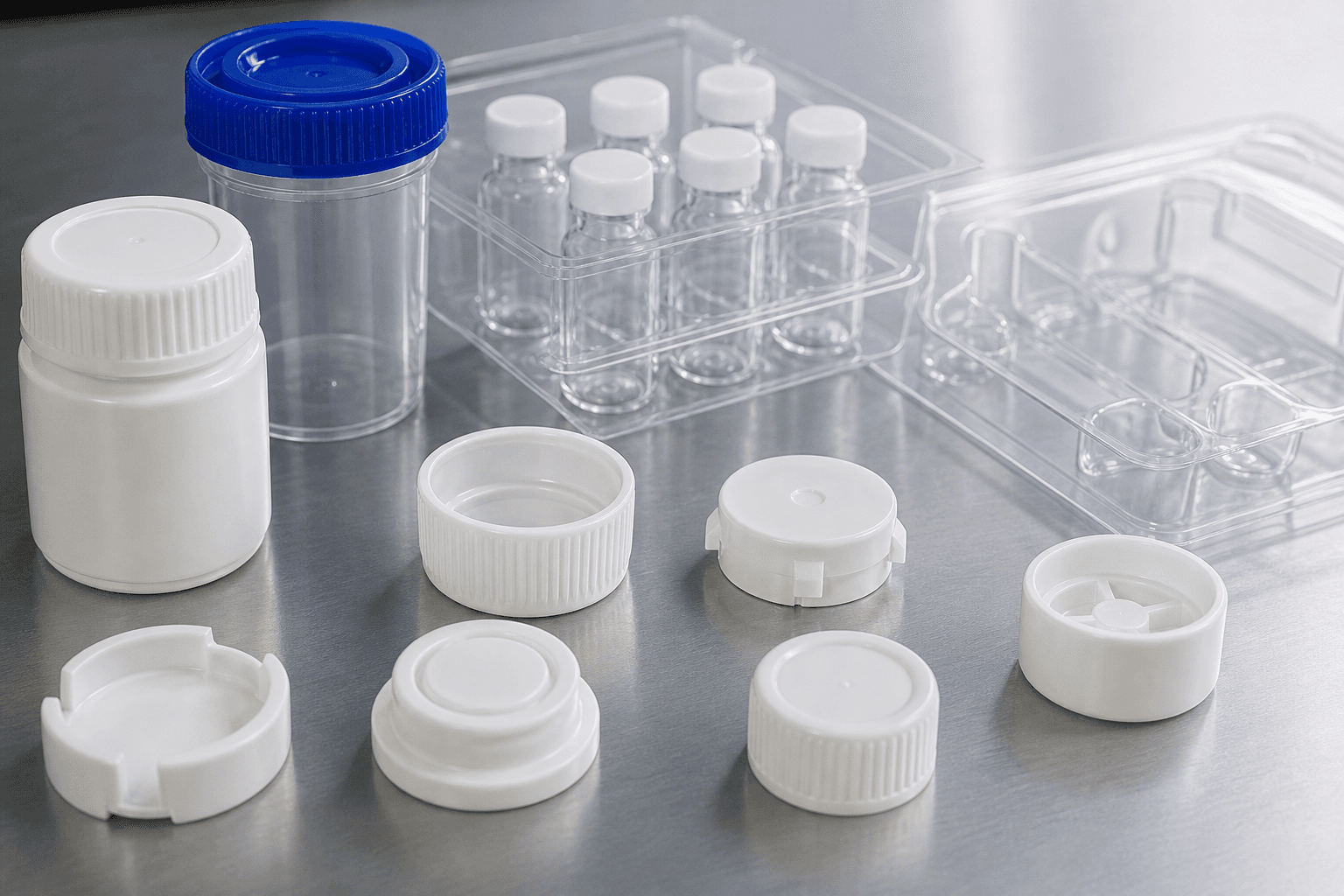 White ribbed screw caps, a white bottle, a clear jar with a blue cap, and small clear vials with white caps in a clear tray