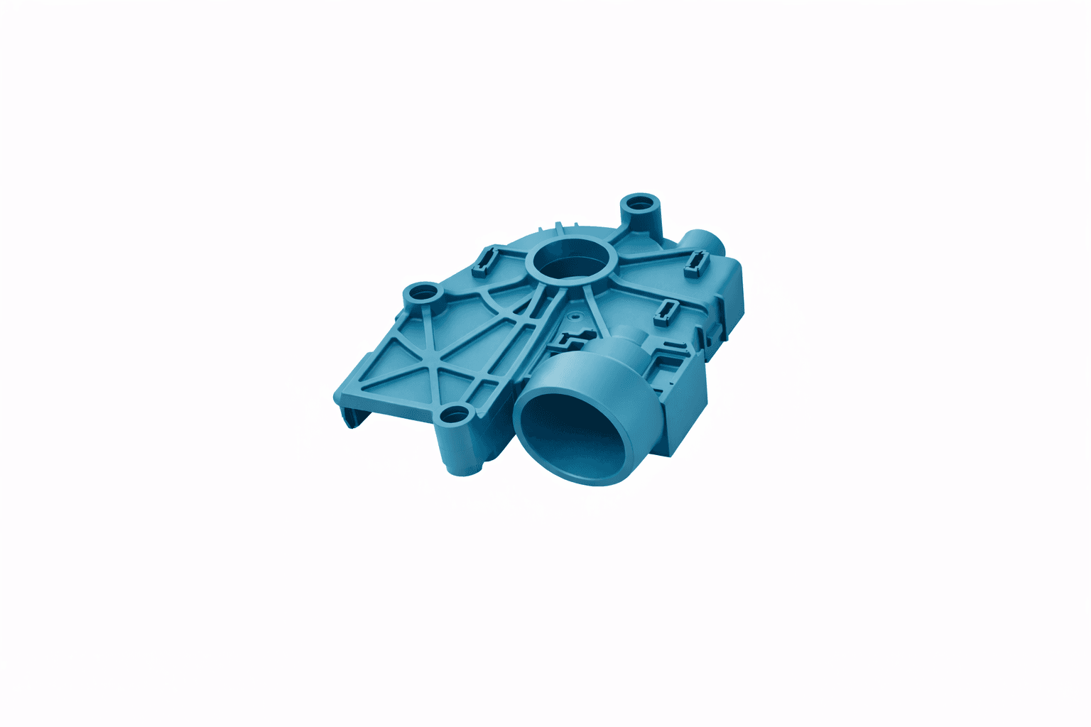 Blue molded housing with ribs, bosses, and a round port