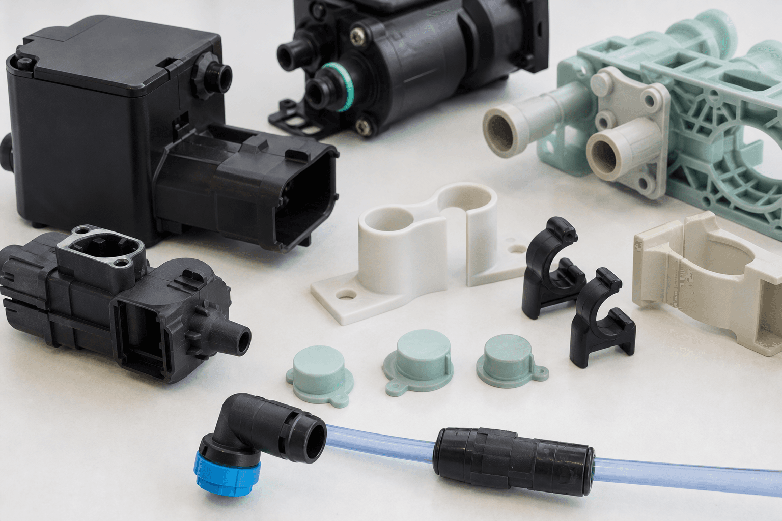 Black molded pump and valve housings, connector housings, a green fluid manifold frame, white pipe clips, and an elbow fitting on a clear tube