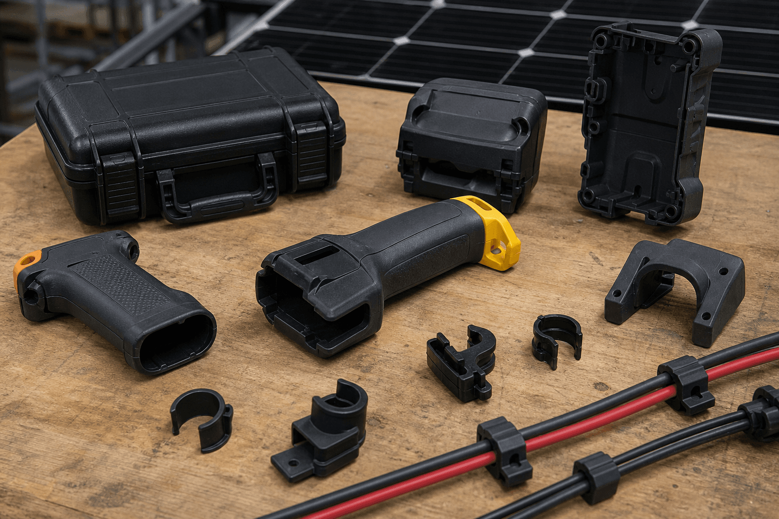 A black molded tool case, black and yellow pistol grip handles, black cable clips holding red and black cables, and pipe clips on a wood bench