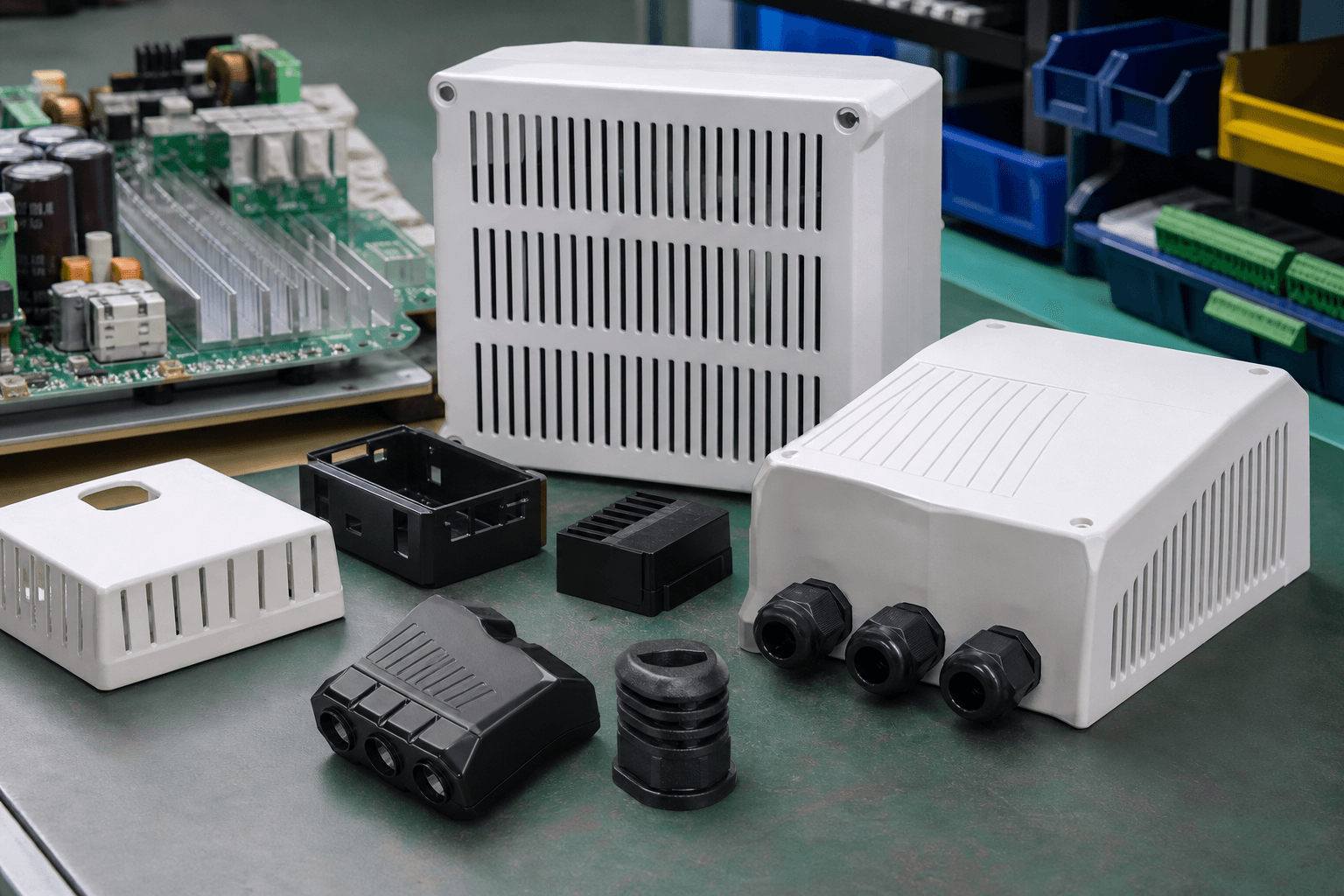 White vented electronics enclosures, black cable glands and terminal covers, with circuit boards behind them