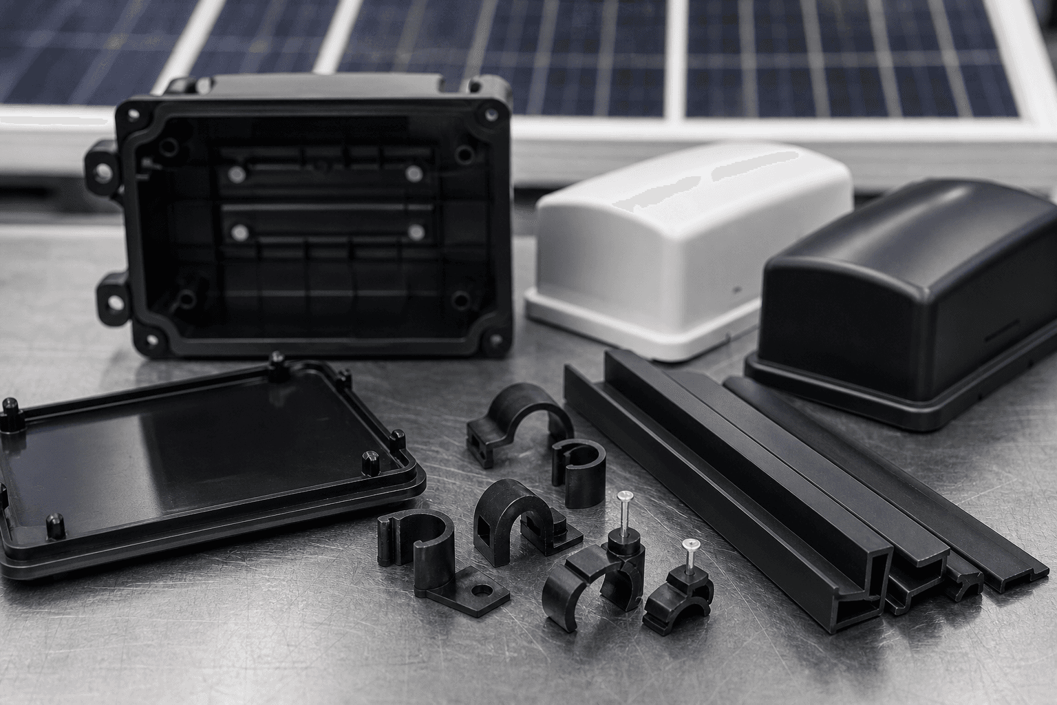 Black molded junction box halves, white and black sealed covers, black cable clips, and black rails on a steel bench in front of solar panels