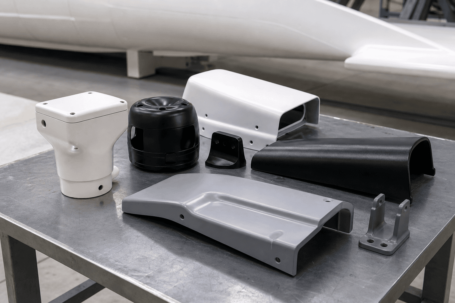 White, gray, and black molded equipment covers with curved shells, a round vented housing, and small mounting brackets on a steel table