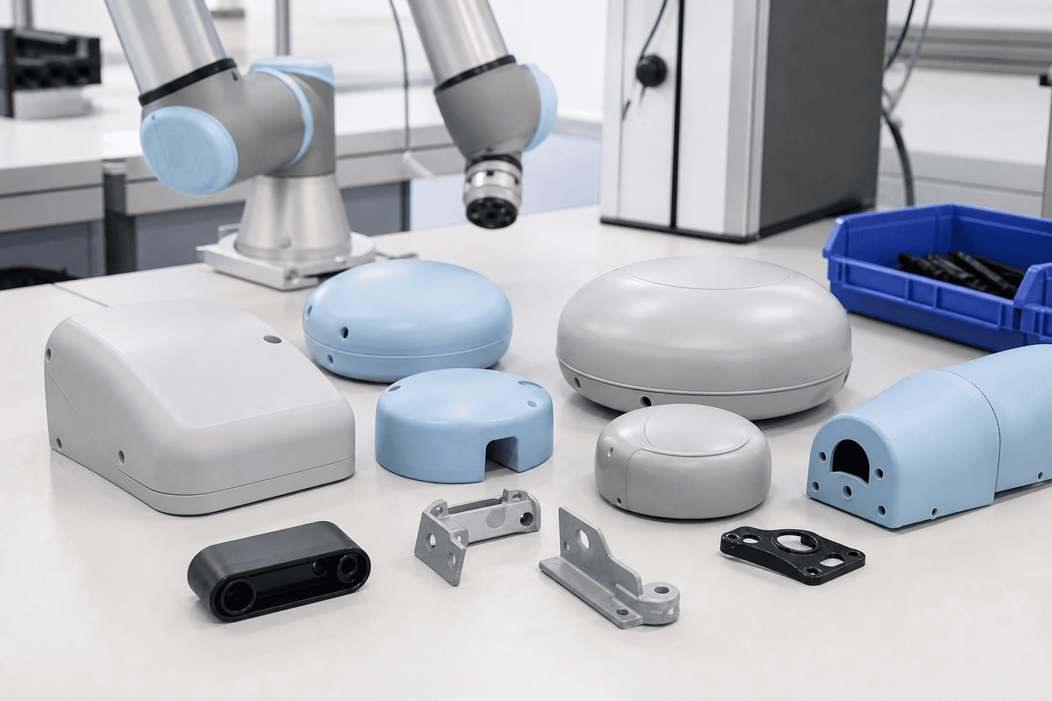 Light blue and gray molded rounded covers and shells, small metal brackets, and a black spacer on a white bench below a collaborative robot arm