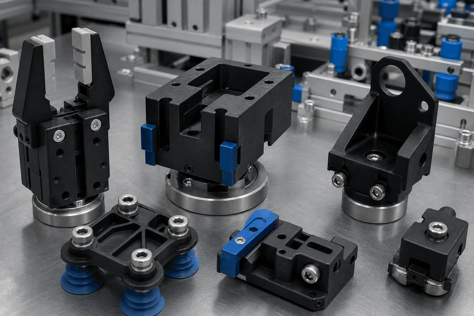 Black molded robot grippers, vacuum cup mounts, and machined mounting blocks on a steel bench beside automation rails