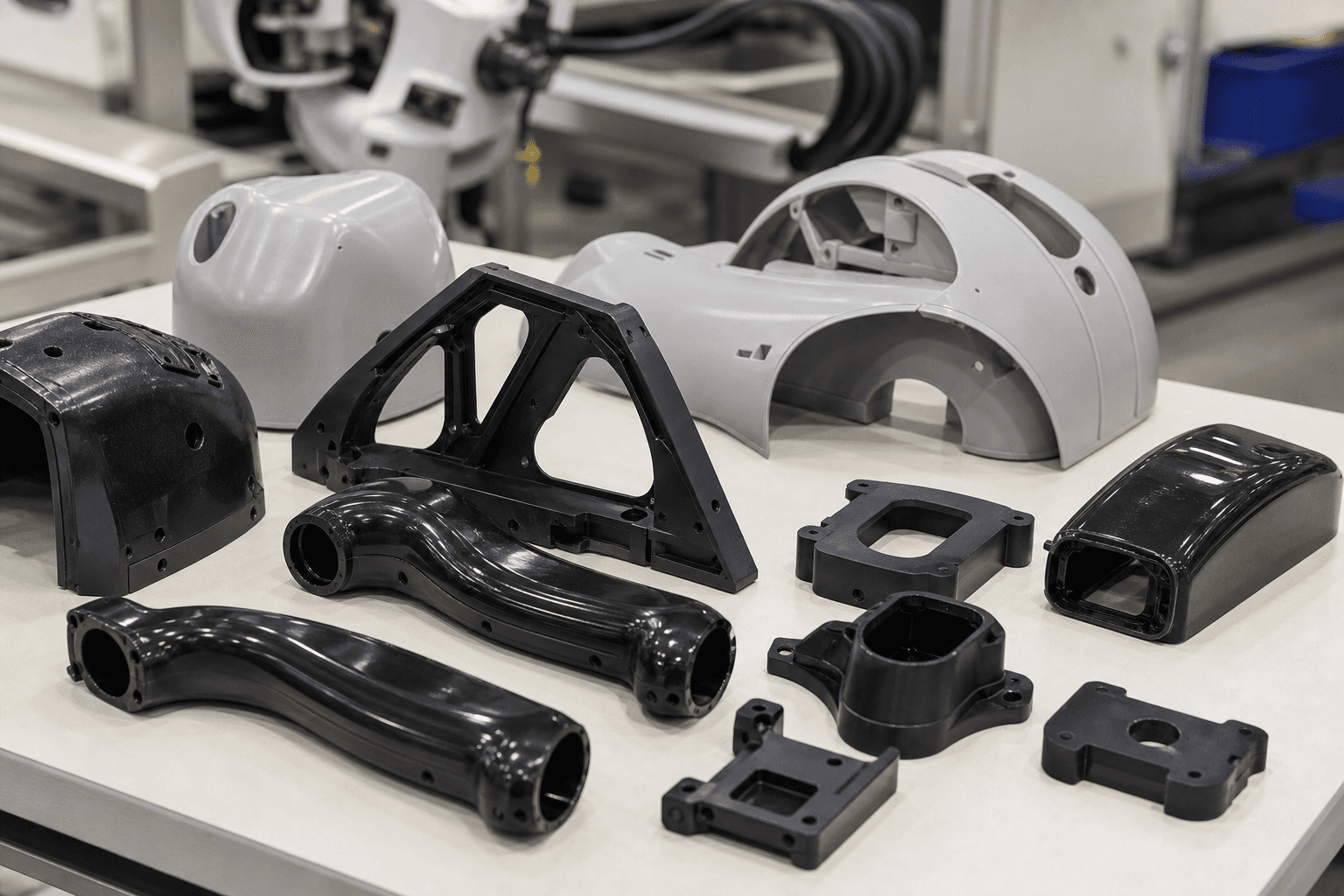 Black and light gray molded robot arm links, rounded covers, a triangular frame, and small mounting blocks on a white bench