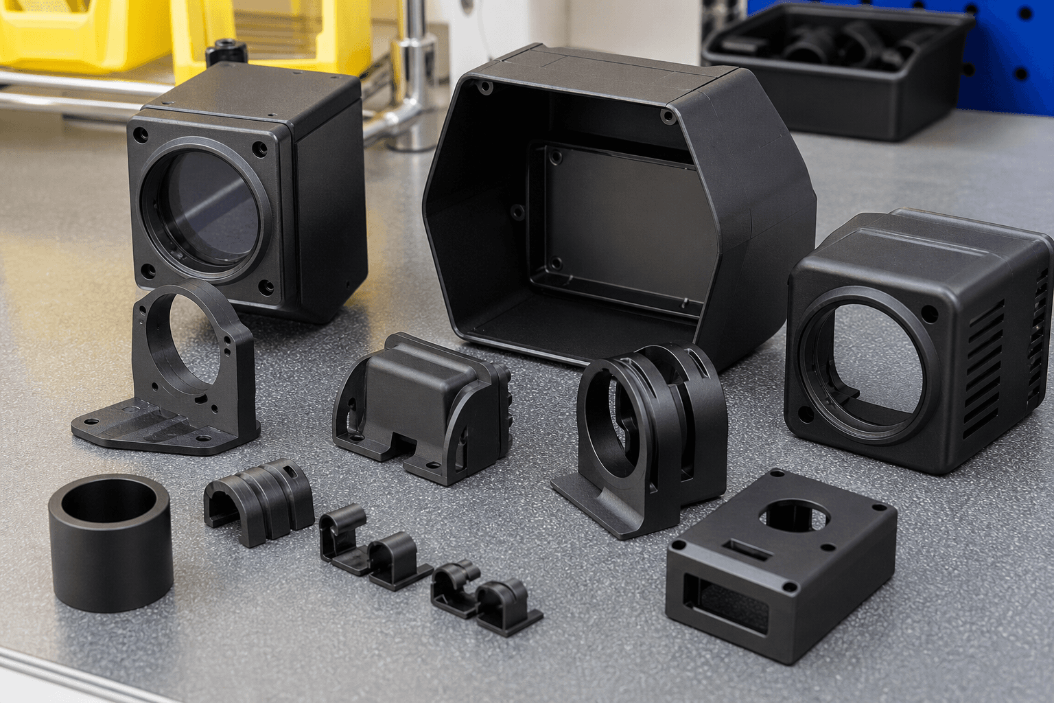 Black molded camera and sensor housings with lens openings and mounting brackets