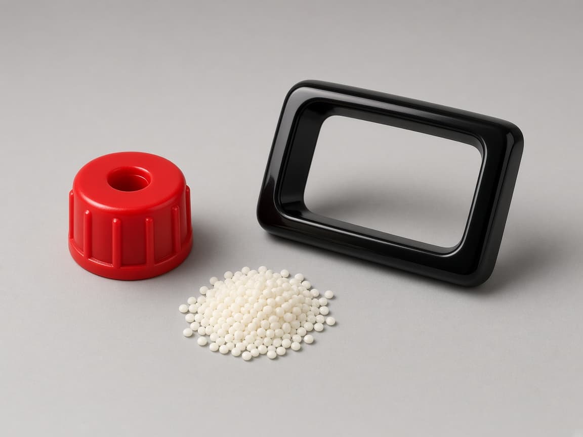 Gas assist injection molding example: red ABS control knob, black bezel, and cream resin pellets