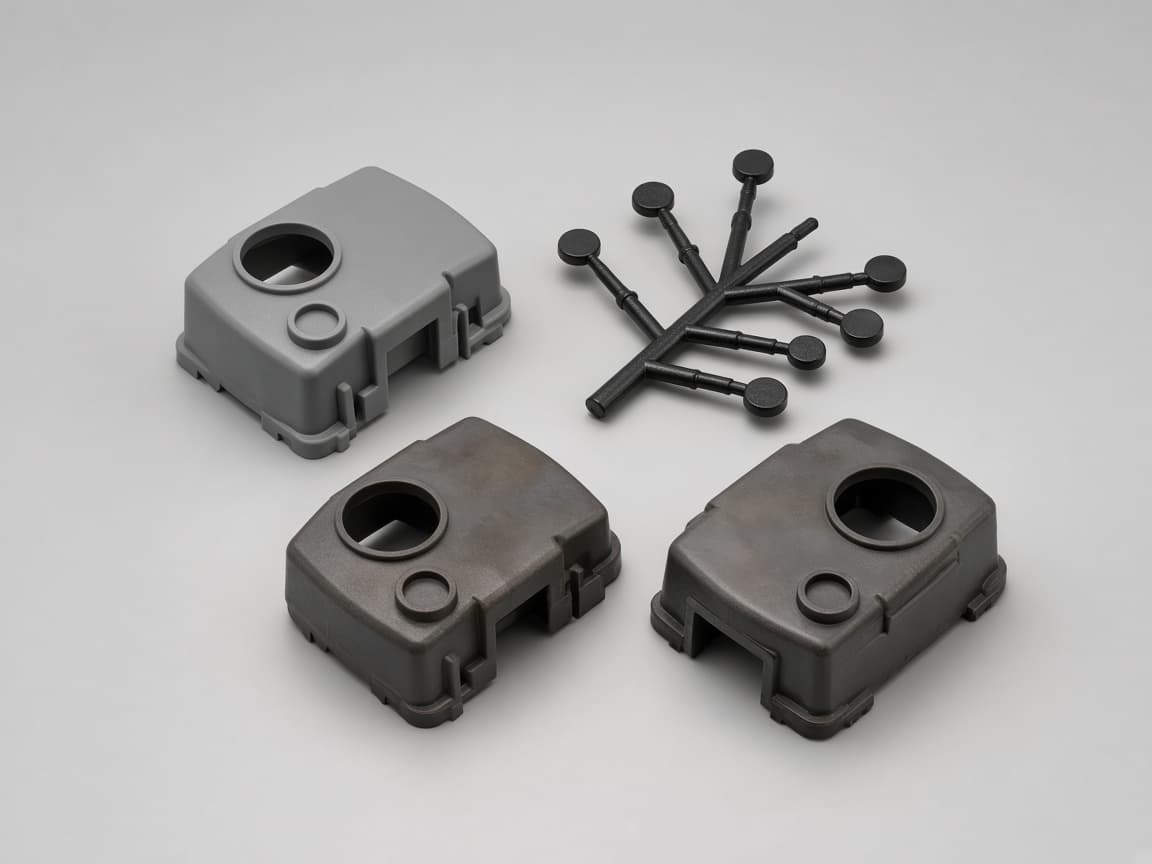 Gray injection molded housing beside a runner leftover and two first-shot housings from startup scrap