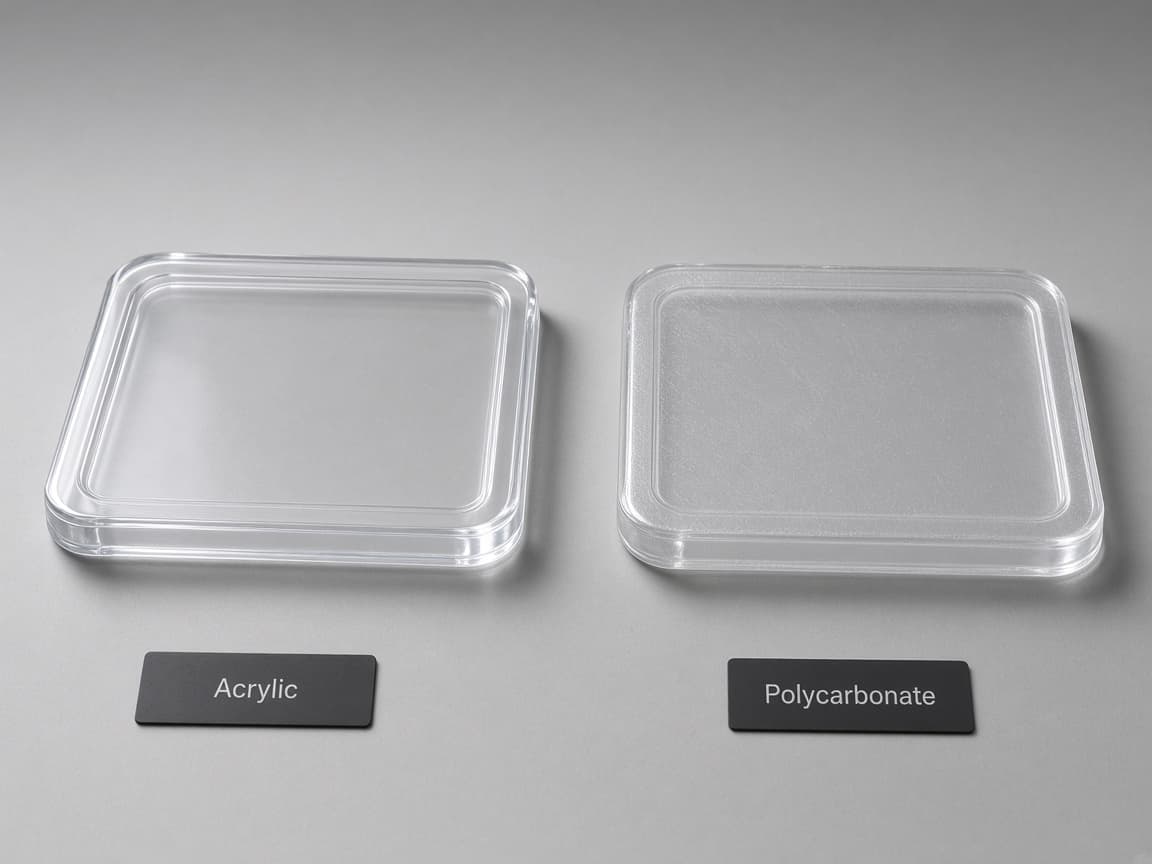 Clear PC and acrylic plaques side by side on a gray studio table