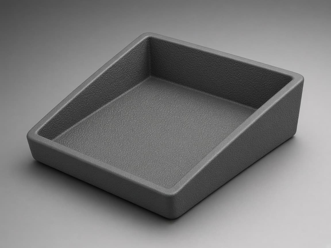 Gray molded bin with tapered walls showing draft that lets the part leave the steel