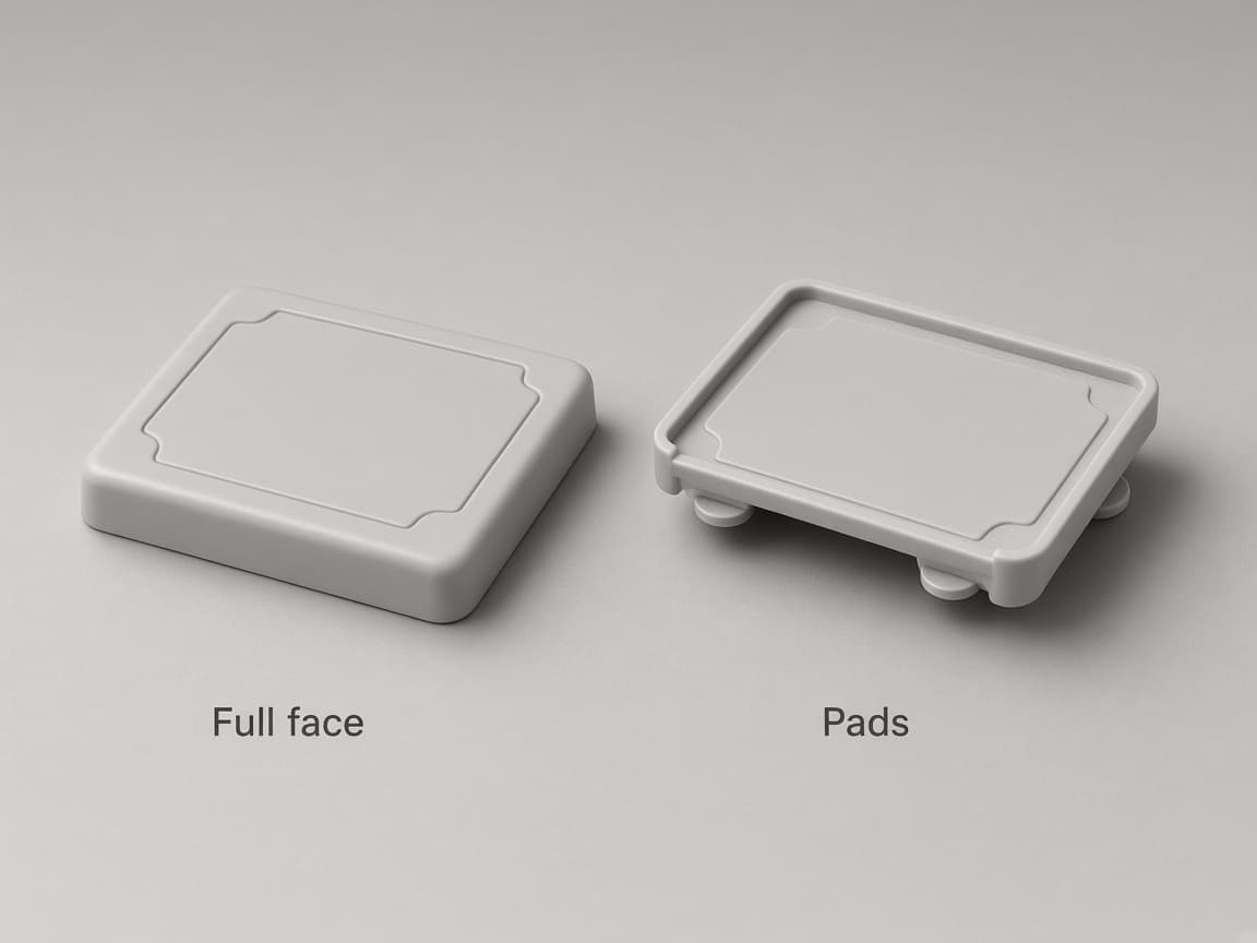 Two molded lids compared: one rests on a full flat face, the other on discrete pads